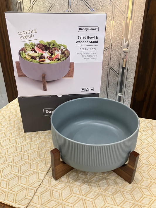 Danny Home Ceramic Salad Bowl + Wooden Stand 2.7L