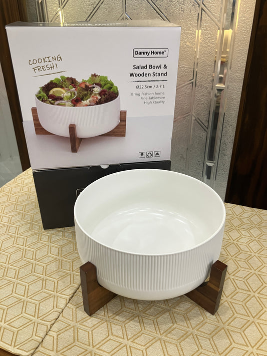 Danny Home Ceramic Salad Bowl + Wooden Stand 2.7L